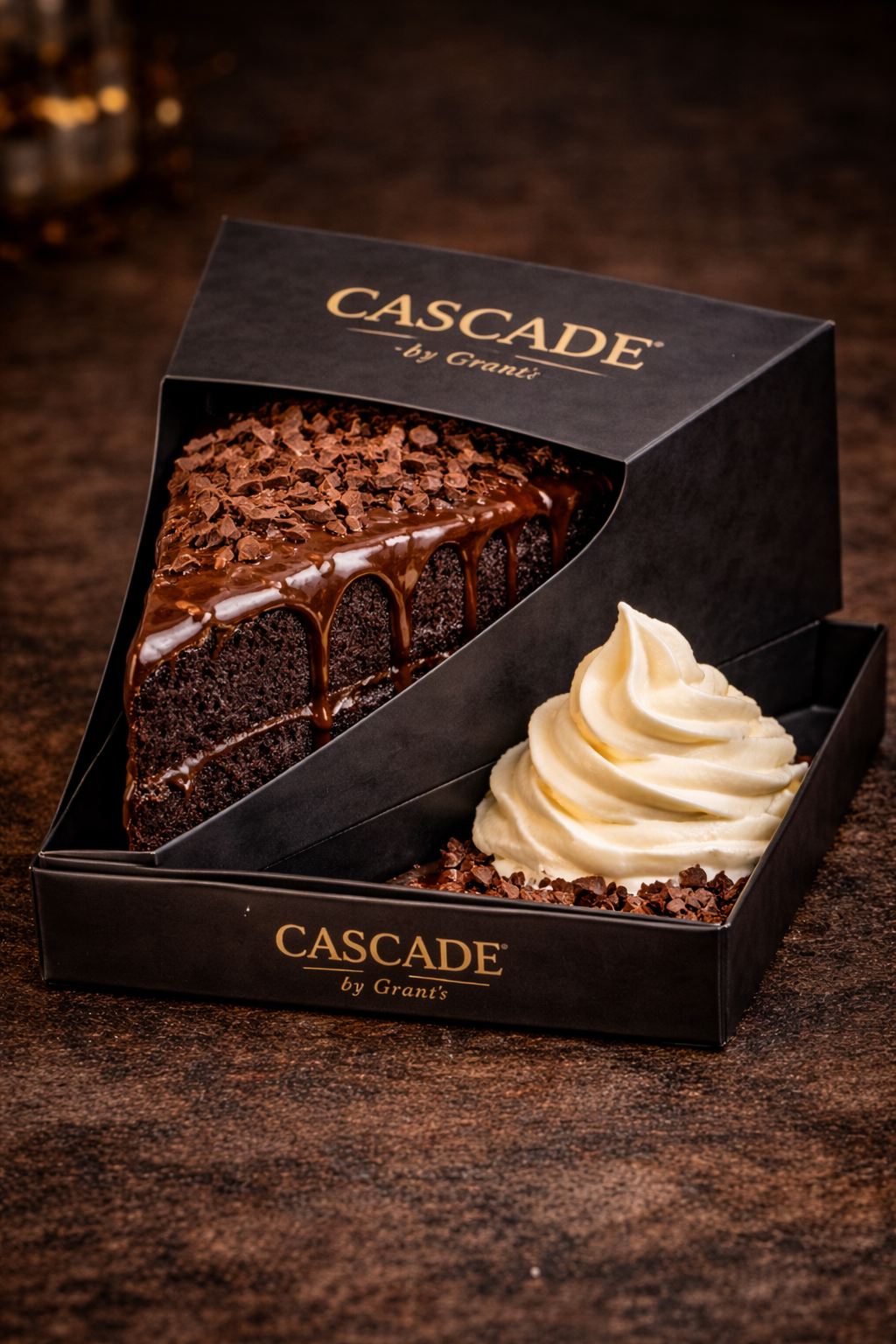 The Cascade moment — sleeve being lifted, sauce cascading over handmade cake